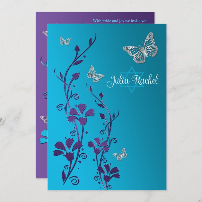 Invitation Turquoise, Floral Violet, Bat mitzvah de papillons (Devant / Derrière)