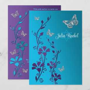 Invitation Turquoise, Floral Violet, Bat mitzvah de papillons