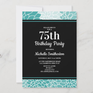 Invitation Turquoise Florale Blanche 75e Fête d'anniversaire