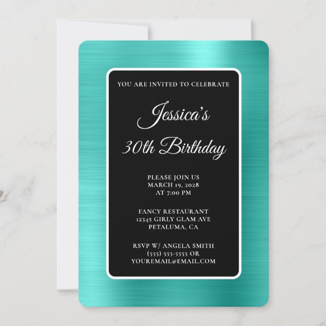 Invitation Turquoise Foil noir et blanc 30e anniversaire (Devant)