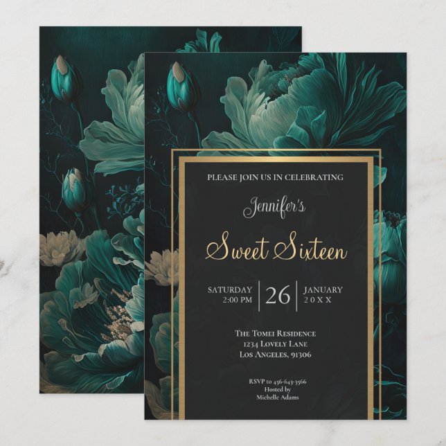 Invitation Turquoise foncé Floral Humeur Douce 16 (Devant / Derrière)