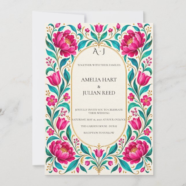 Invitation Turquoise Fuchsia Botanique Vibrant (Devant)