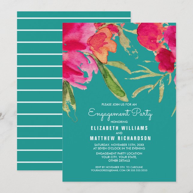 Invitation Turquoise Fuchsia Floral Engagement Party (Devant / Derrière)
