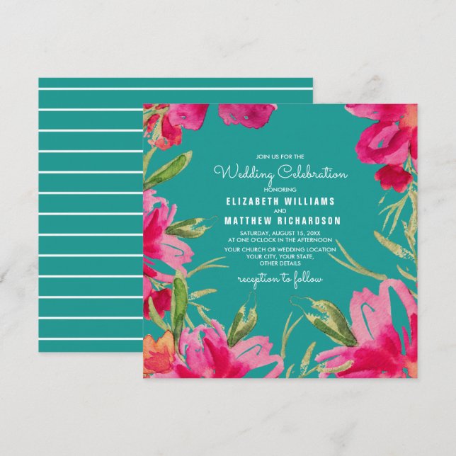 Invitation Turquoise Fuchsia Floral Mariage (Devant / Derrière)