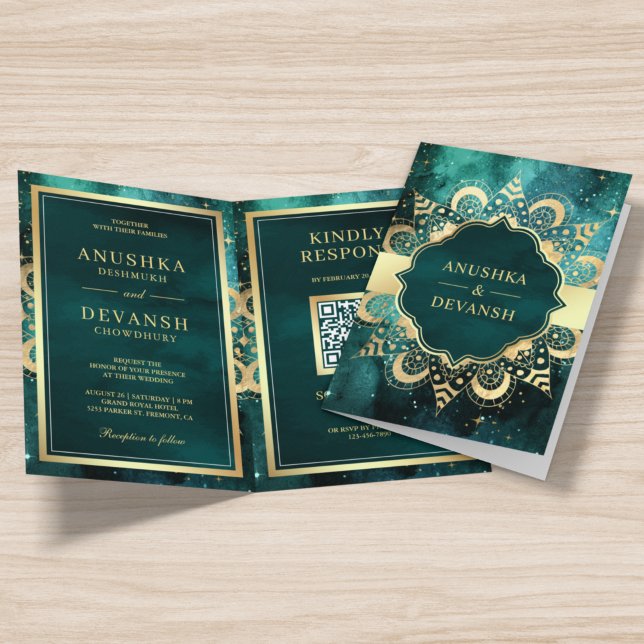 Invitation Turquoise Galaxy Gold Mandala QR Code Mariage indi (Créateur téléchargé)