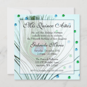 Invitation Turquoise Glam Peacock Feather Quinceanera Anniver