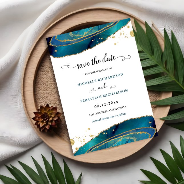 Invitation Turquoise Gold Agate Enregistrer la date (Teal Gold Agate Save The Date Invitation)