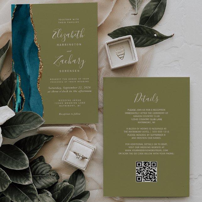 Invitation Turquoise Gold Agate Olive Green QR Code Mariage (Créateur téléchargé)