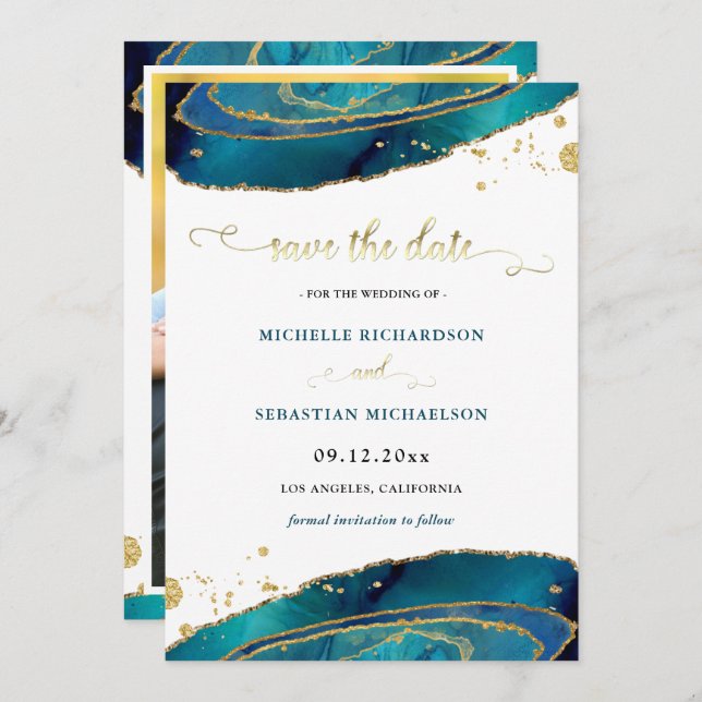 Invitation Turquoise Gold Agate Photo Enregistrer la date (Devant / Derrière)