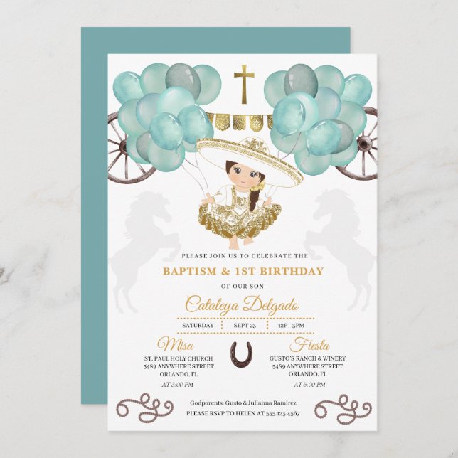 Invitation Turquoise & Gold Baby Charra Ballons mexicains Bap (Devant / Derrière)