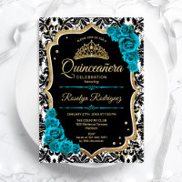 Turquoise Gold Black Damask Elegant Quinceanera