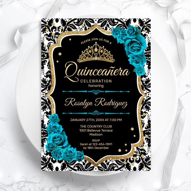 Invitation Turquoise Gold Black Damask Elegant Quinceanera (Créateur téléchargé)