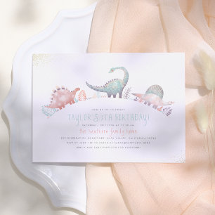 Invitation Turquoise & Gold Cute Girl Dinosaur fête d'anniver
