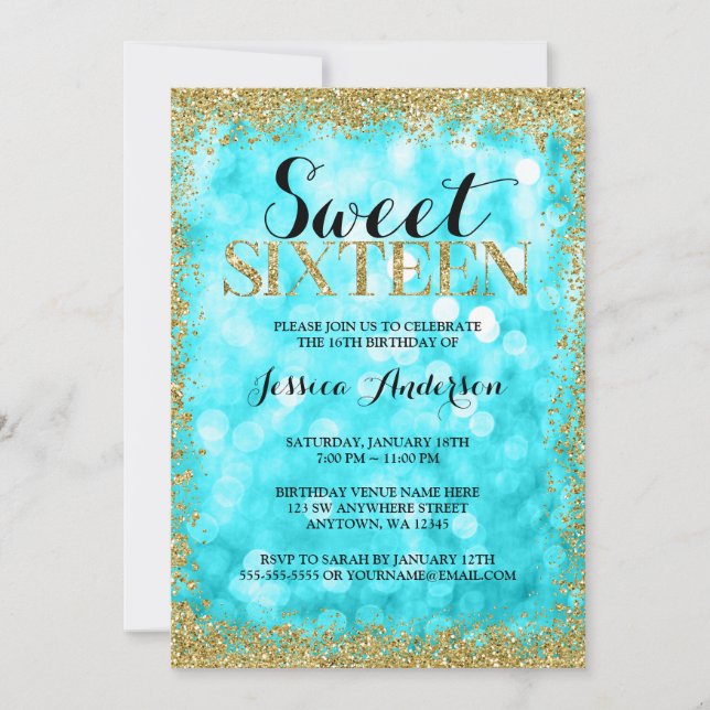 Invitation Turquoise Gold Faux Parties scintillant Lumières S (Devant)