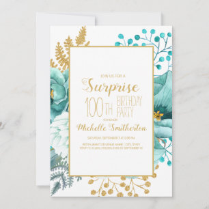 Invitation Turquoise Gold Floral 100e anniversaire