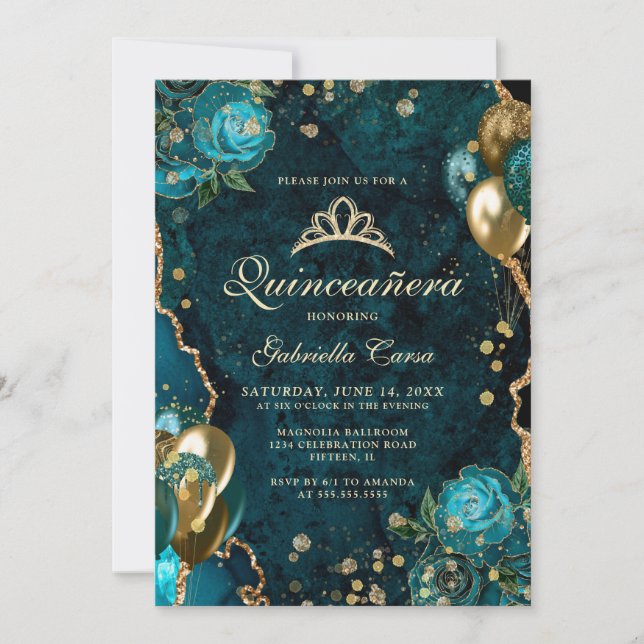 Invitation Turquoise Gold Floral Agate Photo Quinceanera (Devant)