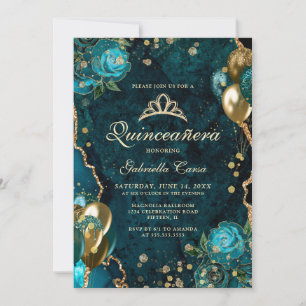 Invitation Turquoise Gold Floral Agate Photo Quinceanera