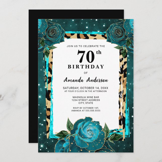 Invitation Turquoise Gold Floral Soixante-dix-septième annive (Devant / Derrière)