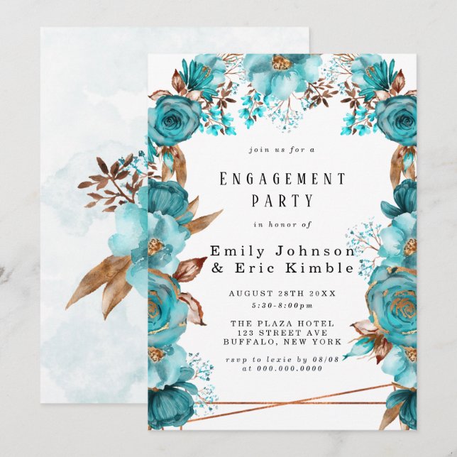 Invitation Turquoise Gold Géométrique Floral Engagement Party (Devant / Derrière)