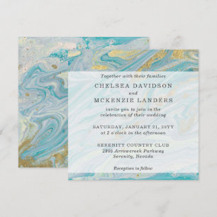 Invitation Turquoise & Gold Marble Swirl Agate Mariage de géo