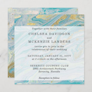 Invitation Turquoise & Gold Marble Swirl Agate Mariage de géo