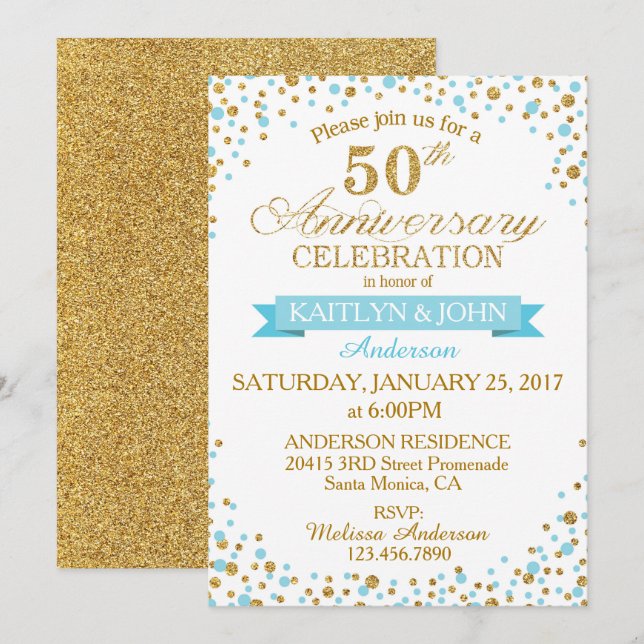Invitation Turquoise Gold Paillettes 50e Anniversaire (Devant / Derrière)