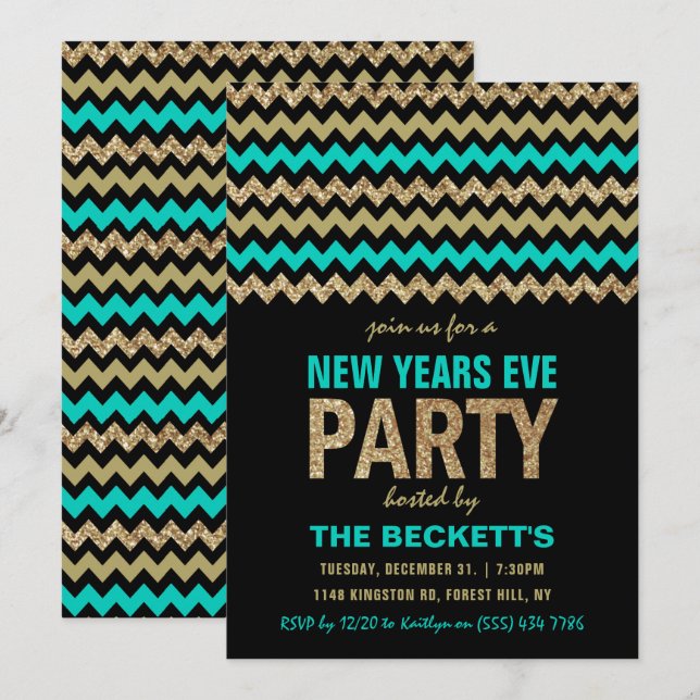 Invitation Turquoise & Gold Parties scintillant Chevron New Y (Devant / Derrière)