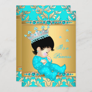 Invitation Turquoise Gold Pearl Princess Baby shower Brunette