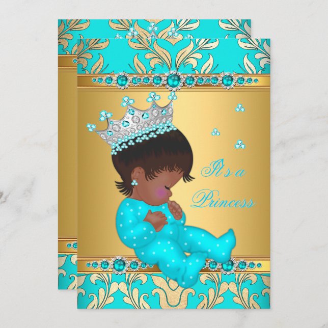 Invitation Turquoise Gold Pearl Princess Baby shower ethnique (Devant / Derrière)