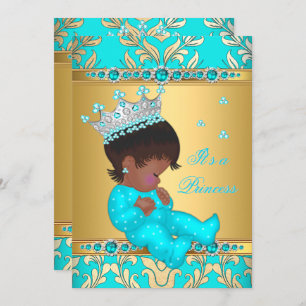 Invitation Turquoise Gold Pearl Princess Baby shower ethnique