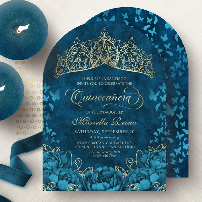 Invitation turquoise Gold Royal Crown Floral Quinc (Créateur téléchargé)