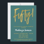 Invitation Turquoise Gold Script 50th Birthday Party Invitati<br><div class="desc">Une élégante,  simple mais frappante turquoise et or 50ème anniversaire invitation fête. Texte du script Glam en haut et texte en or en bas avec le nom en blanc de stand-out</div>