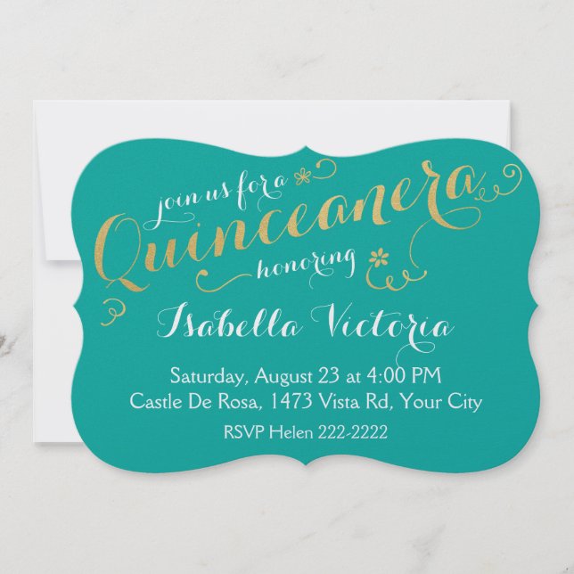 Invitation Turquoise & Gold Script Quinceanera (Devant)