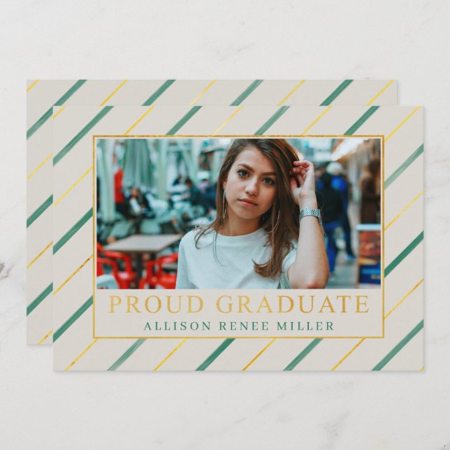 Invitation Turquoise Gold Stripes Moderne Elégant Photo Gradu (Devant / Derrière)