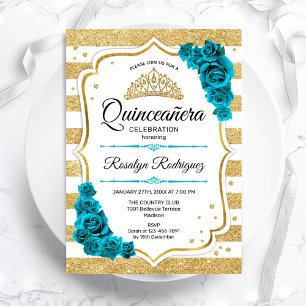 Invitation Turquoise Gold White Stripes Quinceanera