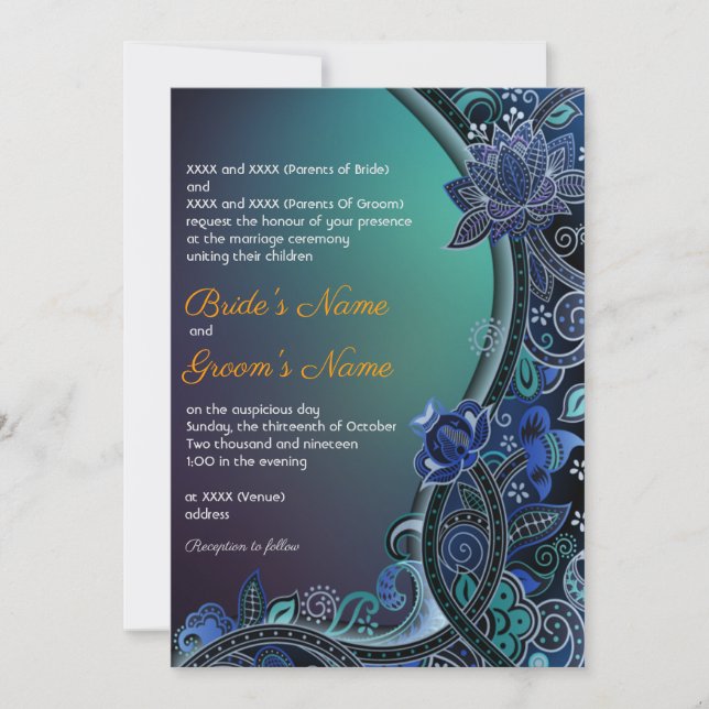Invitation Turquoise Green Blue Paisley Lotus Luxe Mariage in (Devant)
