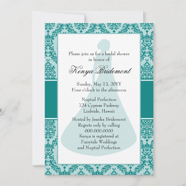 Invitation turquoise Green Damask Bridal Shower (Devant)