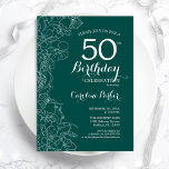 Invitation Turquoise Green Floral 50e fête d'anniversaire<br><div class="desc">Green Floral 50th Birthday Party Invitation. Design moderne minimaliste avec accents de dessin botanique et police de script de typographie. Carte invitation simple et tendance,  parfaite pour une célébration anniversaire élégante. Peut être customisé à n'importe quel âge. Invitations Zazzle imprimées ou téléchargement instantané modèle imprimable numérique.</div>