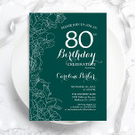 Invitation Turquoise Green Floral 80e fête d'anniversaire<br><div class="desc">Green Floral 80th Birthday Party Invitation. Design moderne minimaliste avec accents de dessin botanique et police de script de typographie. Carte invitation simple et tendance,  parfaite pour une célébration anniversaire élégante. Peut être customisé à n'importe quel âge. Invitations Zazzle imprimées ou téléchargement instantané modèle imprimable numérique.</div>