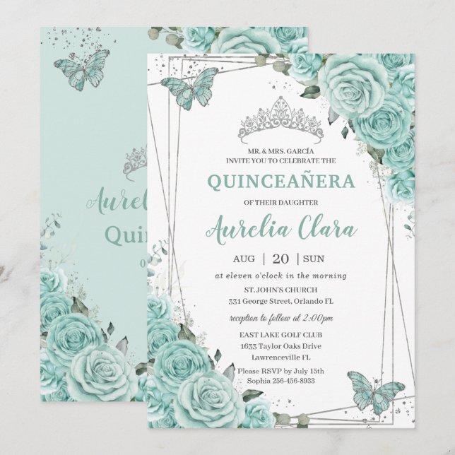 Invitation Turquoise Green Floral Butterflies Quinceanera 15  (Devant / Derrière)