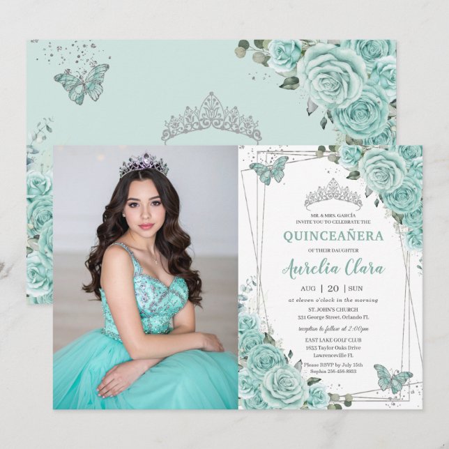 Invitation Turquoise Green Floral Butterflies Quinceanera 15  (Devant / Derrière)