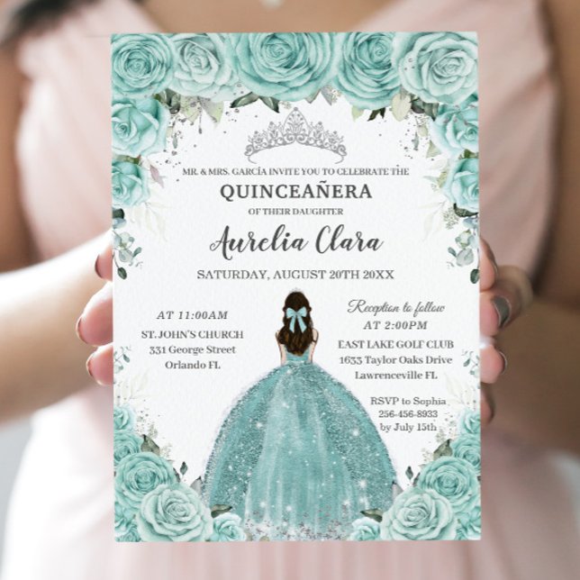 Invitation Turquoise Green Floral Princesse Silver Quinceañer (Créateur téléchargé)