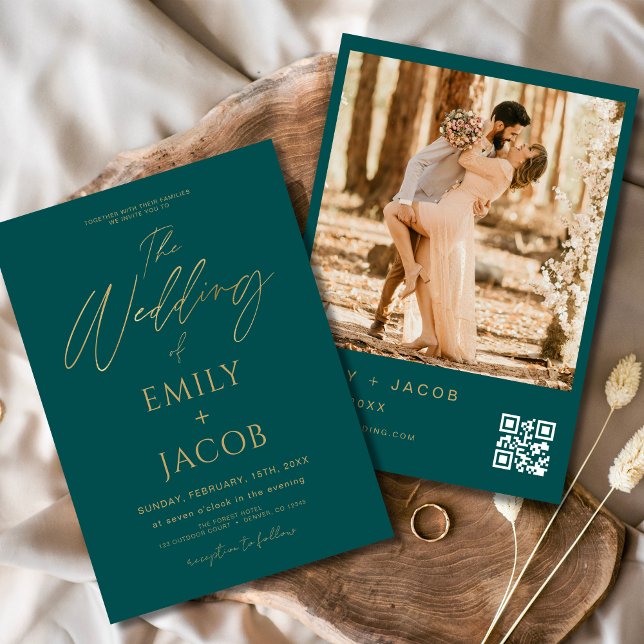 Invitation Turquoise Green Gold Mariage QR Code code script p (Créateur téléchargé)