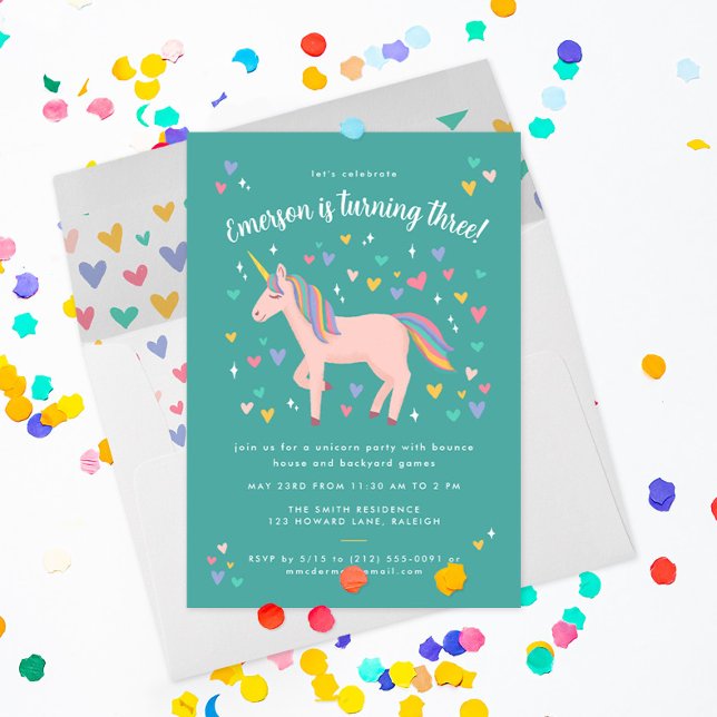 Invitation Turquoise Green Pastel Rainbow Unicorn fête d'anni (teal green invite with pretty pink unicorn with hearts and stars invites friends to a magical party)