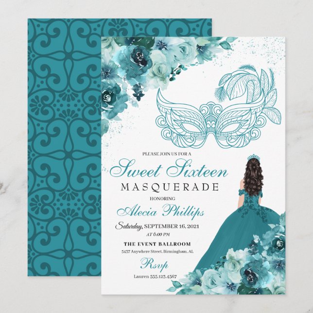 Invitation Turquoise Green Princesse Masquerade Sweet 16 (Devant / Derrière)