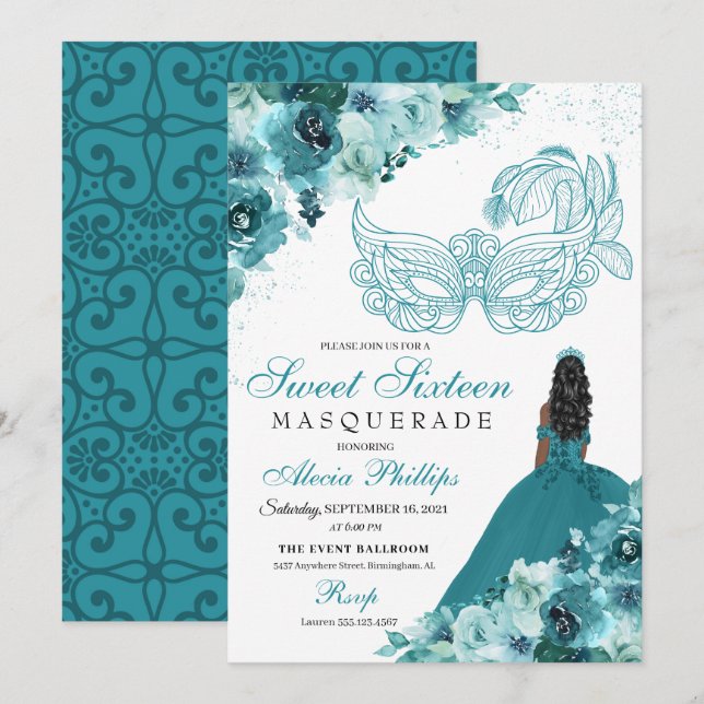 Invitation Turquoise Green Princesse Masquerade Sweet 16 (Devant / Derrière)