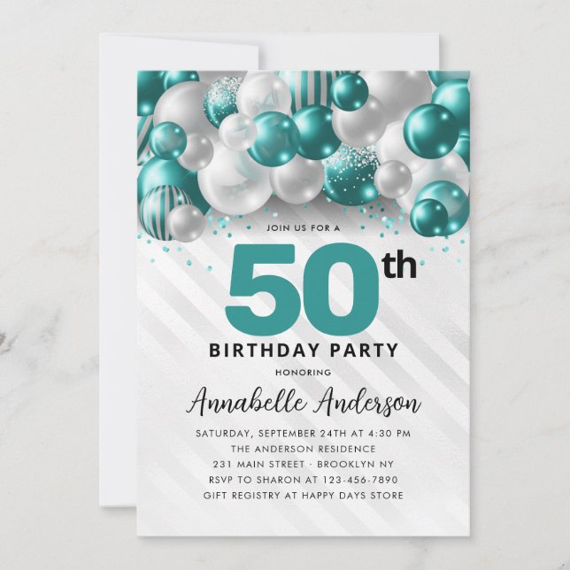 Invitation Turquoise Green Silver Balloon Parties scintillant (Devant)