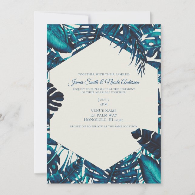 Invitation Turquoise Green Tropical Palm Feuille Mariage d'ét (Devant)