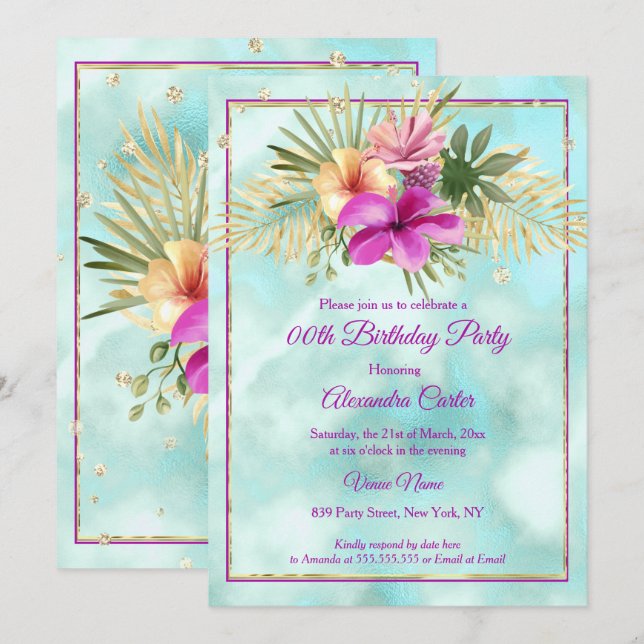 Invitation Turquoise Hibiscus violet marbre rose fête d'anniv (Devant / Derrière)