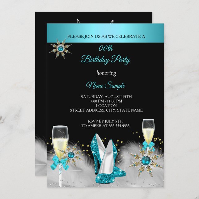 Invitation Turquoise High Heures Black Gold Champagne Party (Devant / Derrière)